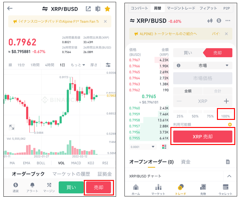 BinanceでXRPを売却