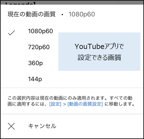 YouTubeアプリで 設定できる画質 